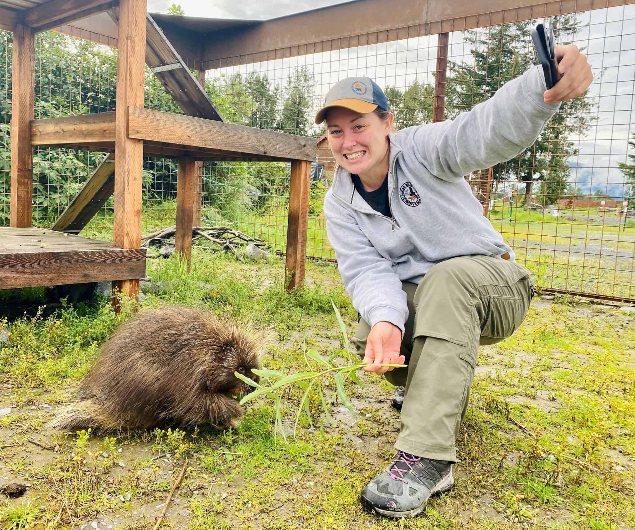 A person take a photo of themselves feeding a porcupine